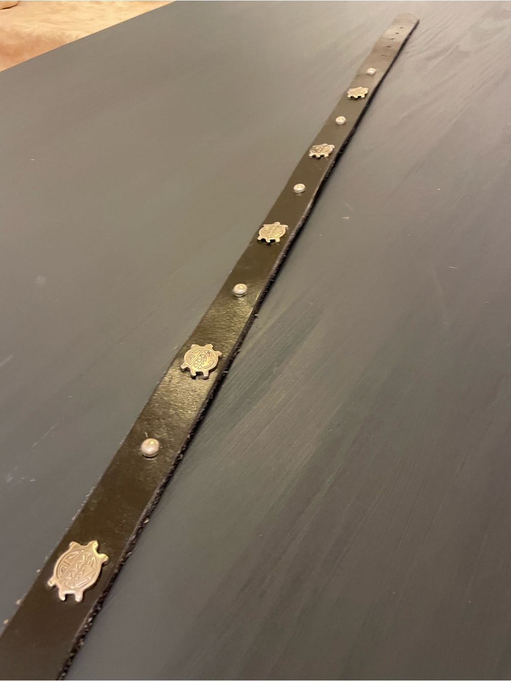 Studded Black Leather belt, unisex, with 5 Silver Hopi Turtles